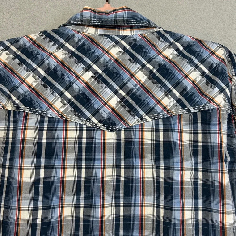 Wrangler‎ 20X Mens Large Western Snap Shirt Blue Plaid Cowboy Rodeo Pearl